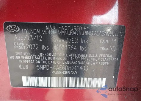 2013 Hyundai Elantra Gls z USA, uszkodzony, nr VIN 5NPDH4AE6DH211403